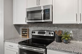 A modern kitchen with a black stove top oven and a microwave above it. at 1010 Dilworth Apartments, North Carolina, 28204